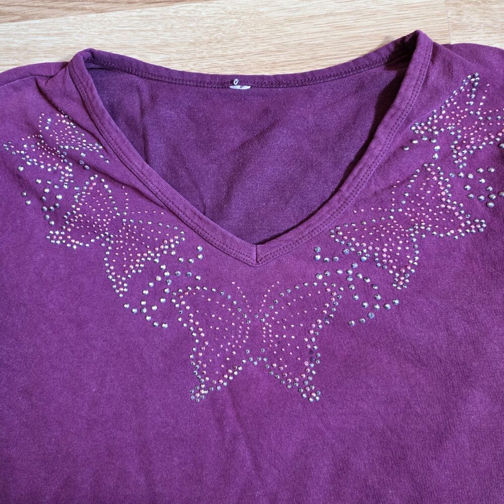 Women's Top Rhinestones Butterflies V-Neck  Short Sleeve Maroon